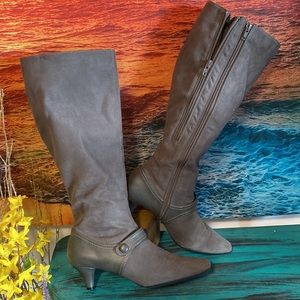 Wide calf Grey tall Aerosol kitten heel boots with adjustable wide calf zippers.